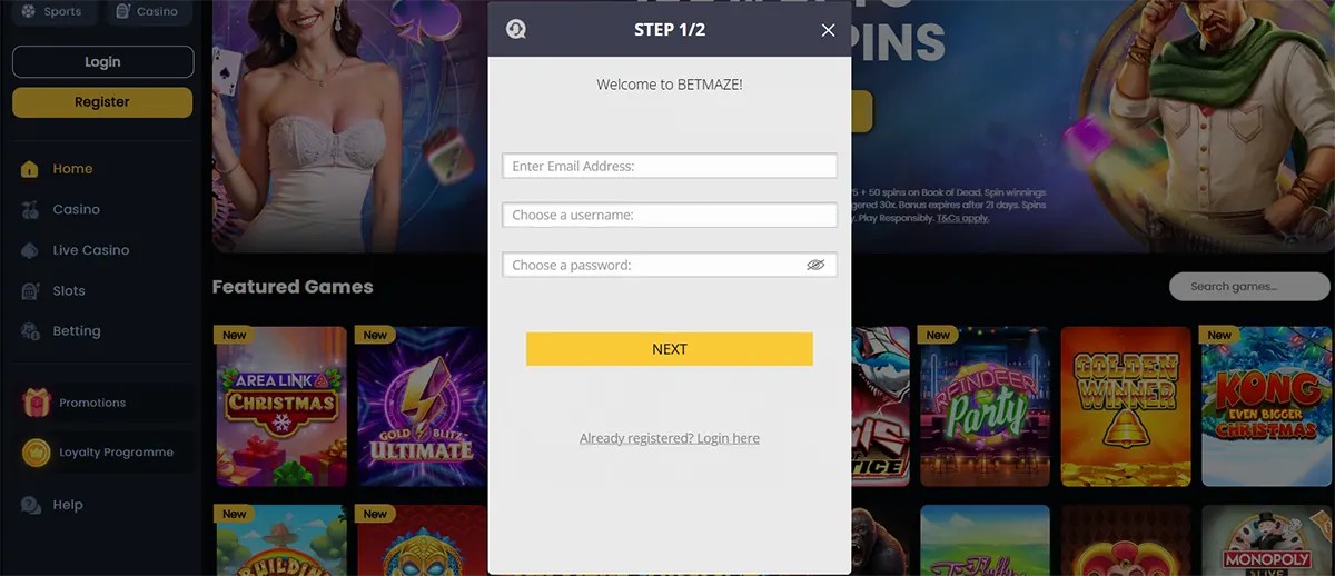 Registration pop-up form for BETMAZE asking the user to enter an email, choose a username, and create a password. The rest of the casino interface is blurred in the background, showing featured games and navigation. A yellow 