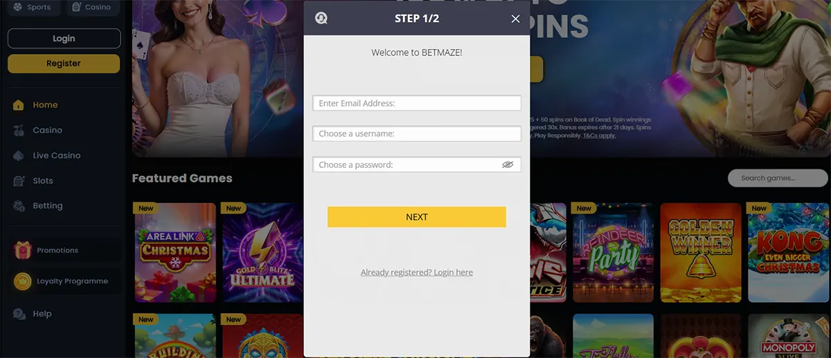 Registration pop-up form for BETMAZE asking the user to enter an email, choose a username, and create a password. The rest of the casino interface is blurred in the background, showing featured games and navigation. A yellow 'Next' button is displayed at the bottom of the form.