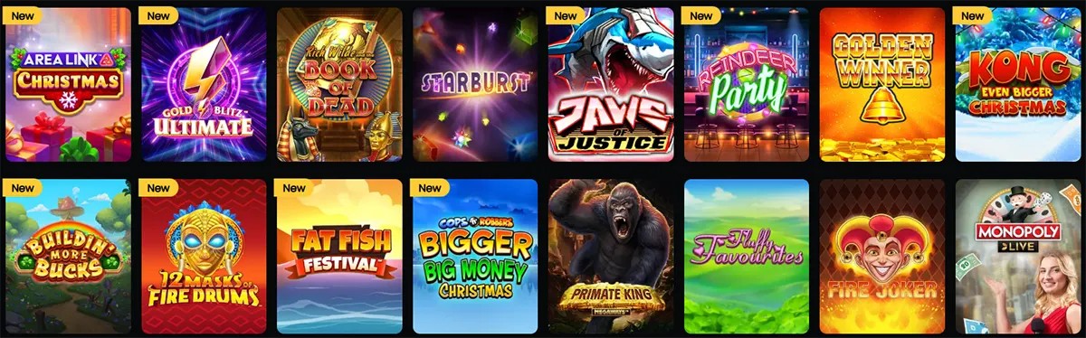 Selection of new and popular online slot games displayed in a grid, including titles like Area Link Christmas, Book of Dead, Starburst, Fire Joker, and Monopoly Live. Each game tile features vibrant artwork and themed graphics. The layout highlights recently released and festive-themed slots.