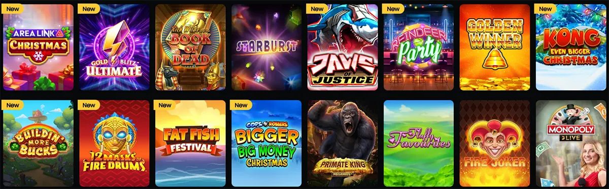 Selection of new and popular online slot games displayed in a grid, including titles like Area Link Christmas, Book of Dead, Starburst, Fire Joker, and Monopoly Live. Each game tile features vibrant artwork and themed graphics. The layout highlights recently released and festive-themed slots.